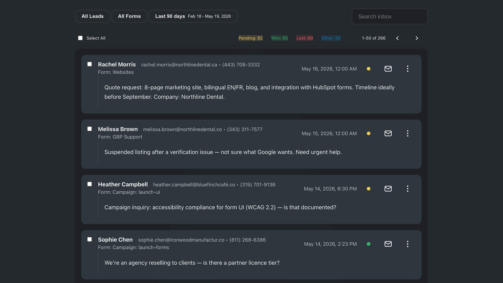 Leads inbox — Leads inbox with filters